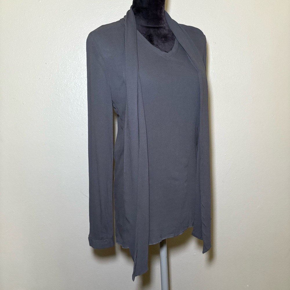 Yaya Women Gray Long Sleeve Small Blouse Attached Neck Scarf Bow Tie V-Neckline